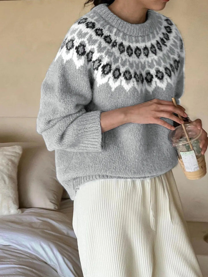 Nordic Fair Isle Pattern Round Neck Sweater - Trendy Tops/Sweaters in Gray for Women | The802Gypsy