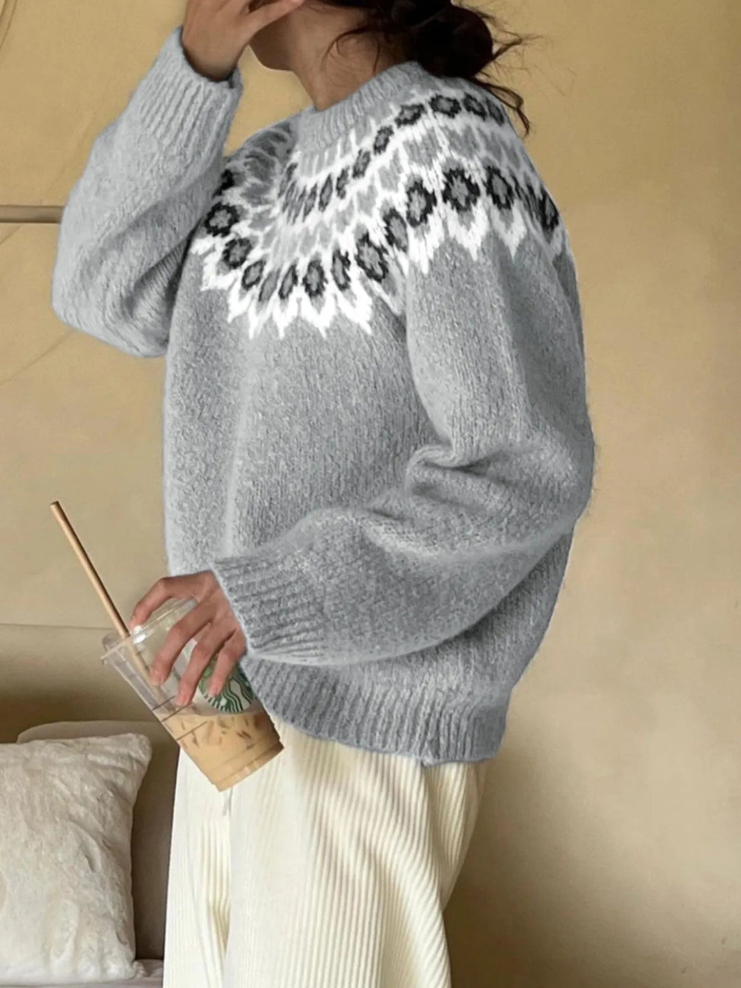 Nordic Fair Isle Pattern Round Neck Sweater - Trendy Tops/Sweaters in Gray for Women | The802Gypsy