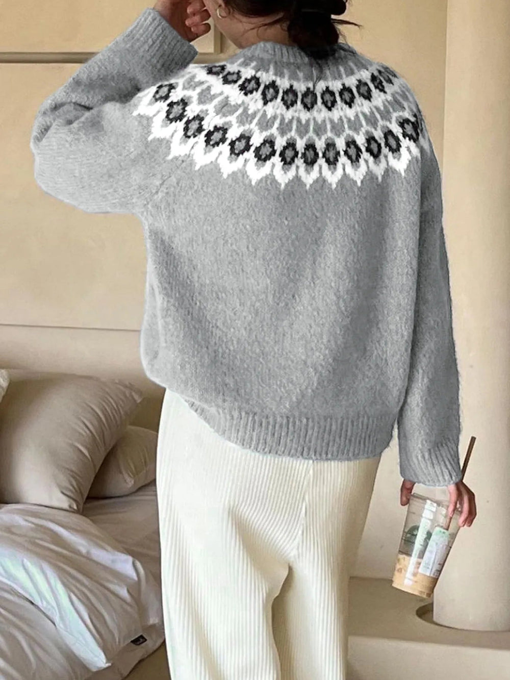 Nordic Fair Isle Pattern Round Neck Sweater - Trendy Tops/Sweaters in Gray for Women | The802Gypsy
