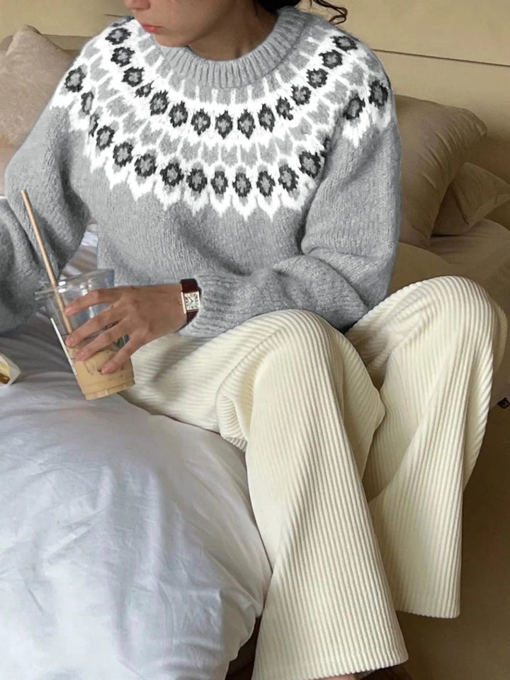 Nordic Fair Isle Pattern Round Neck Sweater - Trendy Tops/Sweaters in Gray for Women | The802Gypsy
