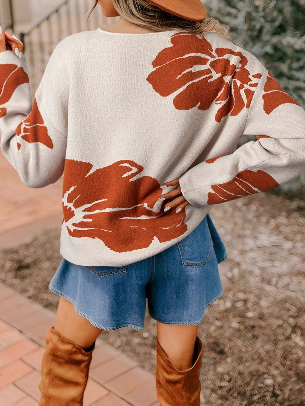 Flower Print Wide Sleeve Sweater - Trendy Tops/Sweaters in Orange for Women | The802Gypsy