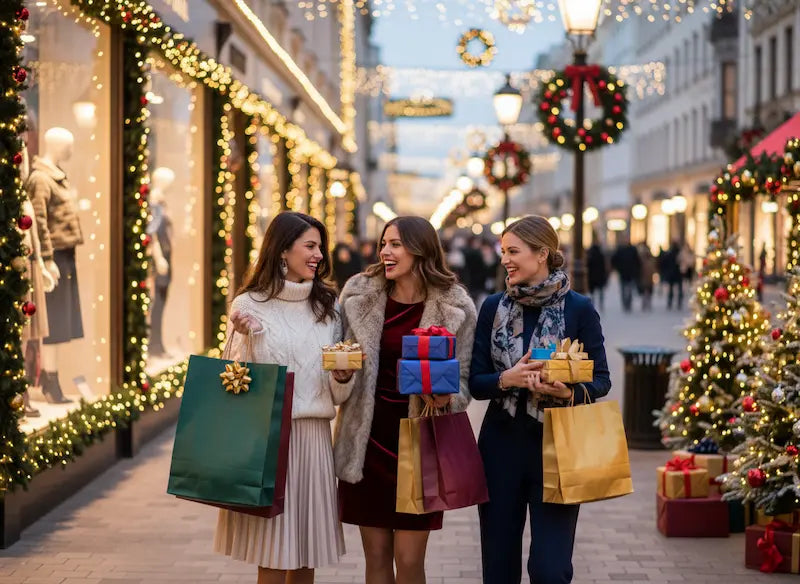 Three women holiday shopping in festive decorated street carrying colorful gift bags and wrapped presents.