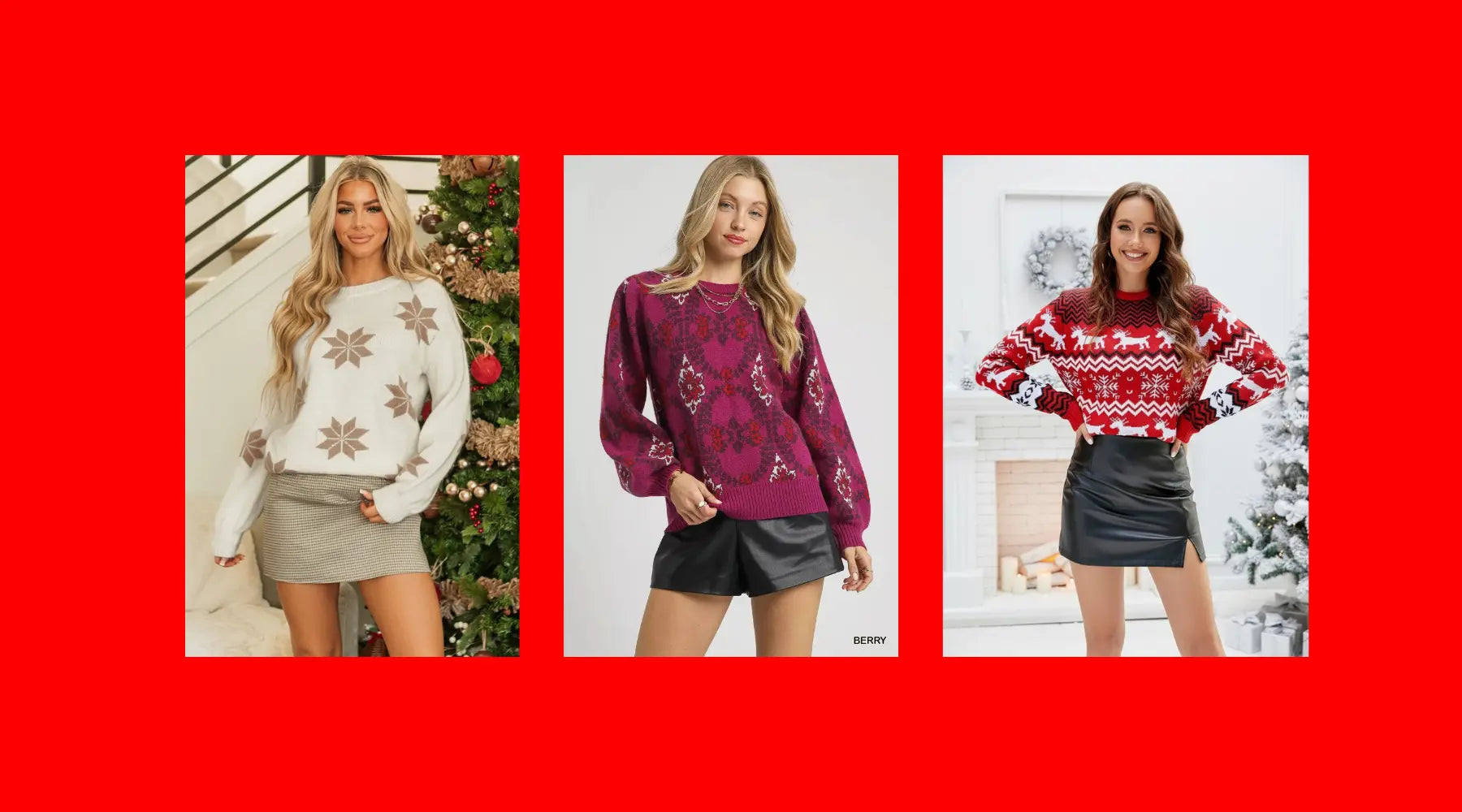 Three women wearing festive sweaters with a red border.