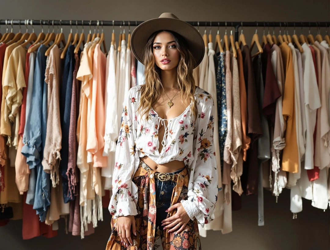 Model wearing colorful boho clothing with clothes displayed on hangers in boutique.