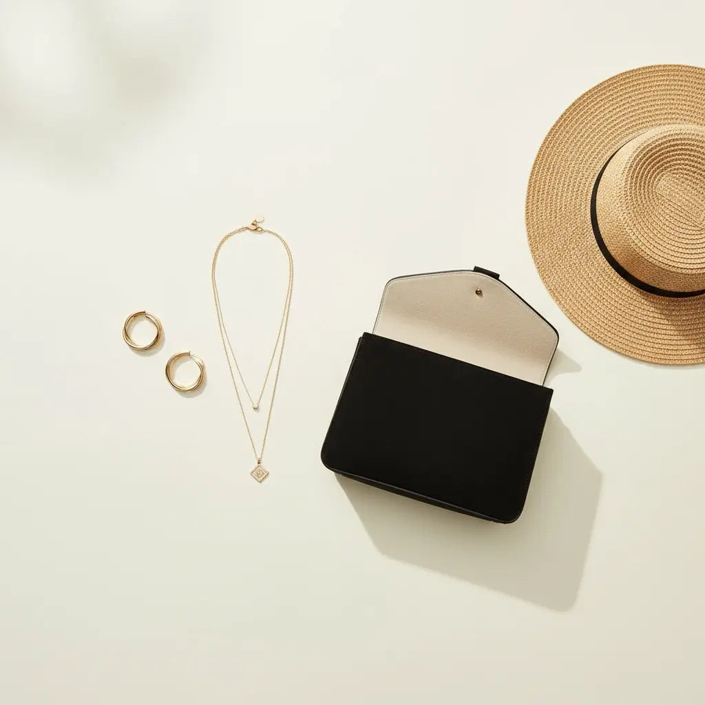 Styled accessories collection with gold jewelry, black suede bag, and trendy hat on neutral background - The802Gypsy.