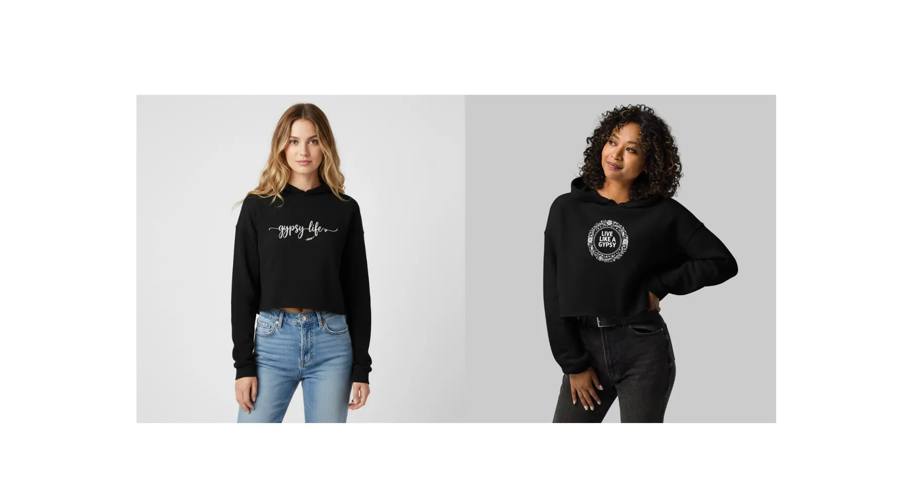 Two women wearing The802Gypsy hoodies - one in black Gypsy University hoodie with compass crest, one in black Gypsy Vibes hoodie with 70s floral design, posing together.