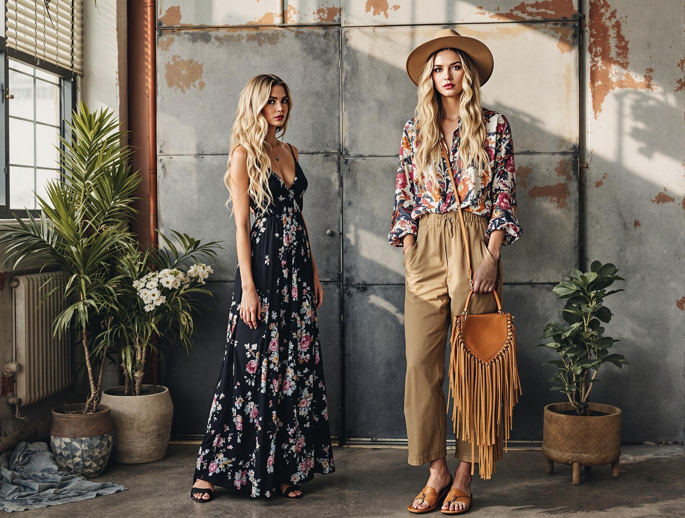 Models highlighting tropical and wide-leg jumpsuits with halter neck and plunging V-necklines.