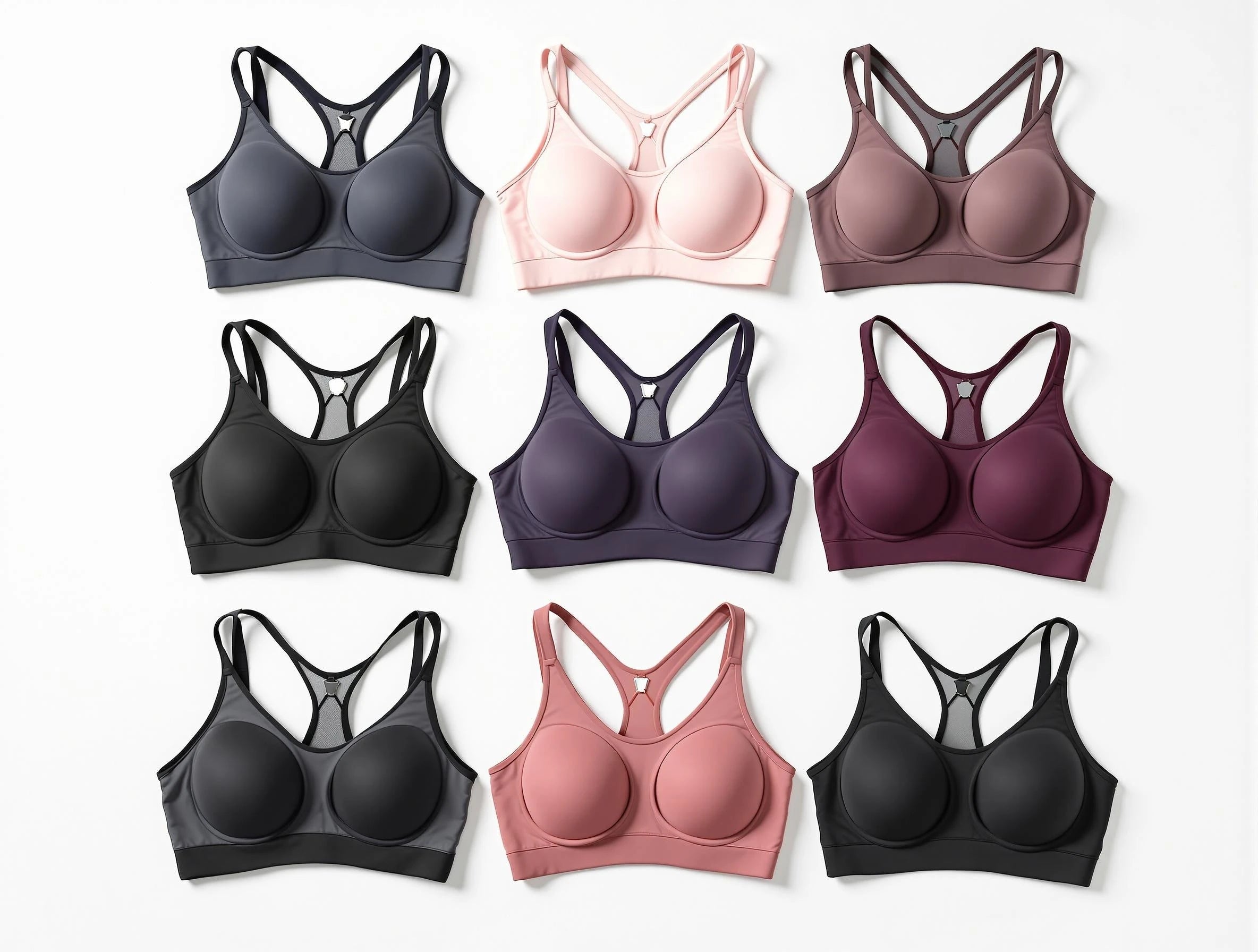 Athletic sports bra collection featuring supportive styles in modern fitness setting.