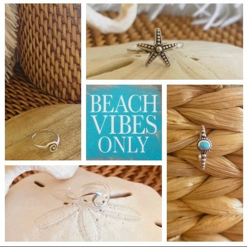 Collection of Beach Vibes toe rings featuring fun and colorful designs perfect for summer, showcasing playful styles for beach days and poolside lounging.