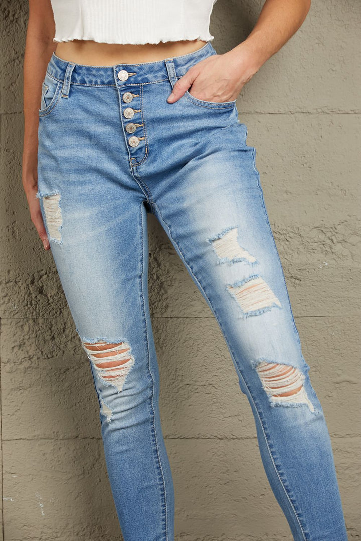 GYPSY-Baeful-Button Front Frayed Ankle Skinny Jeans