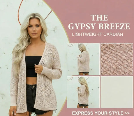 Woman wearing a 'The Gypsy Breeze' lightweight cardigan with product details and texture close-ups.
