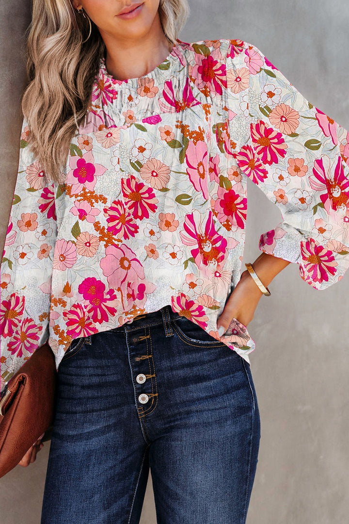 GYPSY-Floral Round Neck Balloon Sleeve Blouse