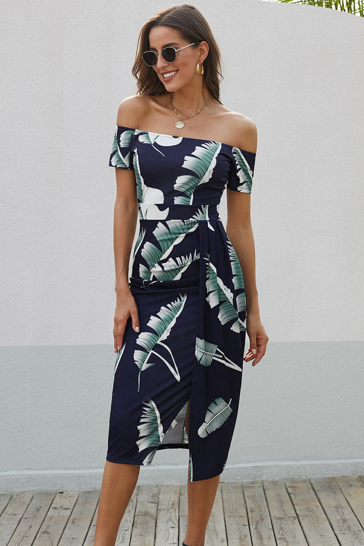 GYPSY-Slit Printed Off-Shoulder Midi Dress