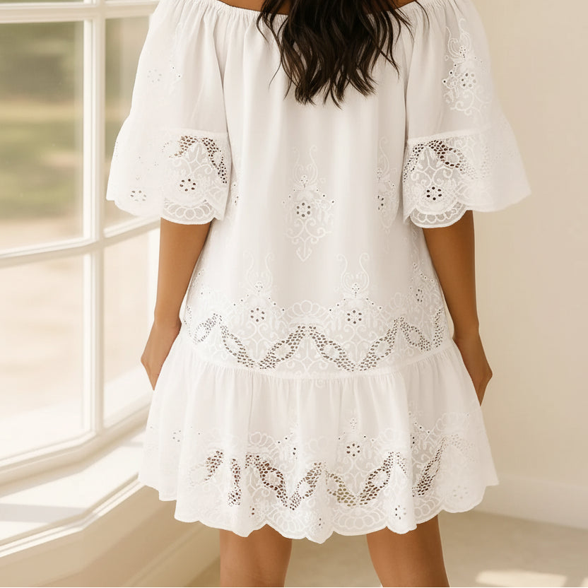 Cotton Eyelet Embroidered Tassel White Dress