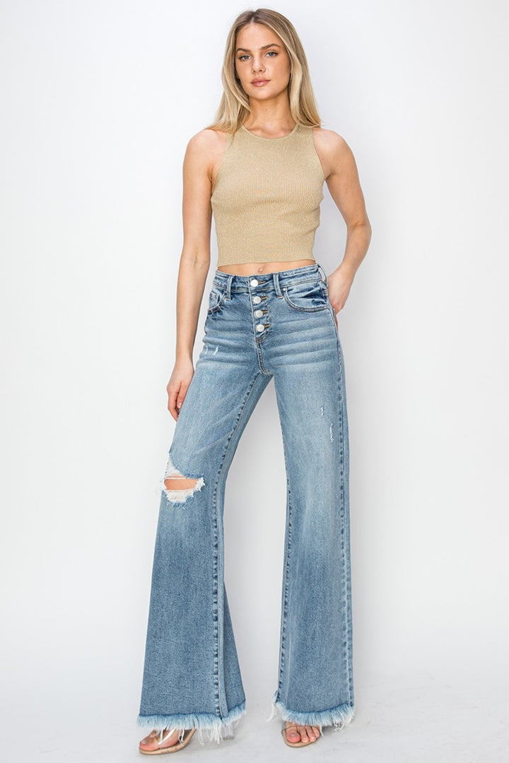 ❤GYPSY-RISEN-Mid Rise Button Fly Wide Leg Jeans