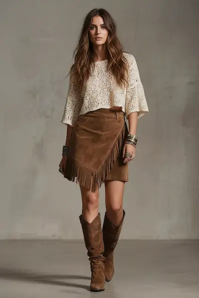 Woman wearing a white top and brown fringed skirt with boots against a gray background.
