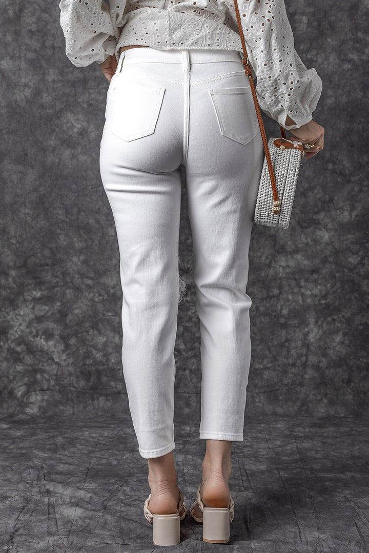 TRAVELING GYPSY-White Distressed High Waist Skinny Jeans