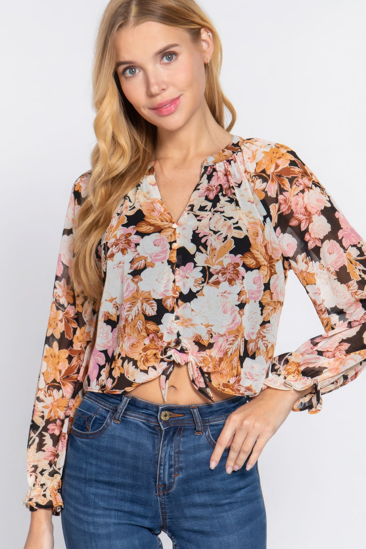 ❤️GYPSY-Front Tie Detail Print Woven Blouse