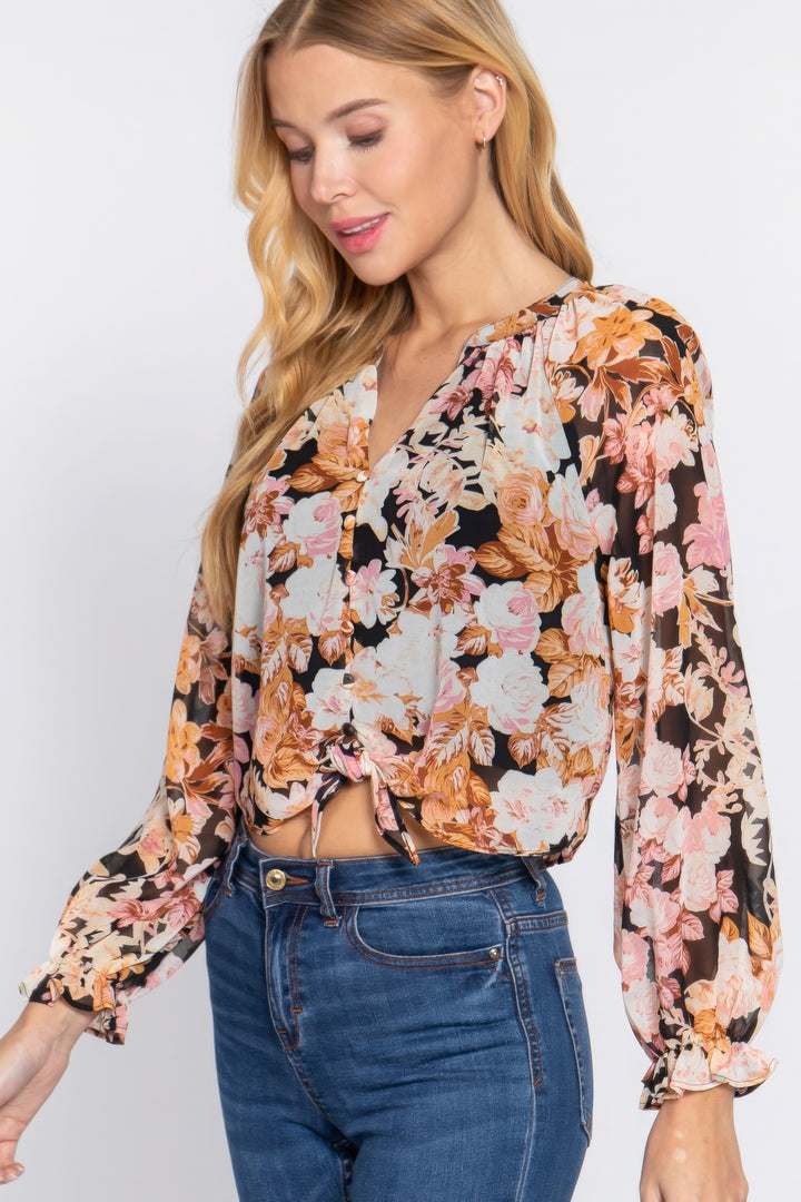 ❤️GYPSY-Front Tie Detail Print Woven Blouse
