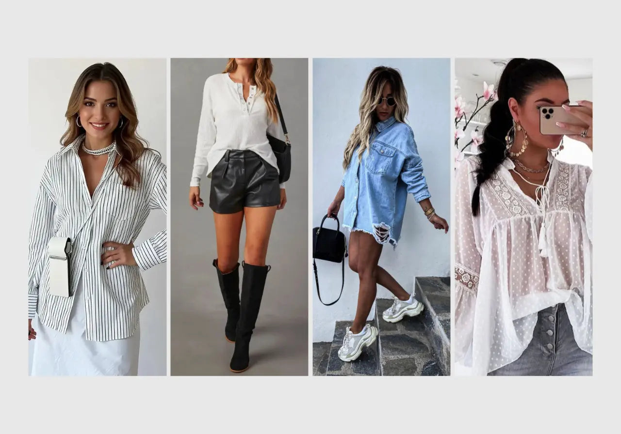 Four different outfits worn by a woman on a white background.