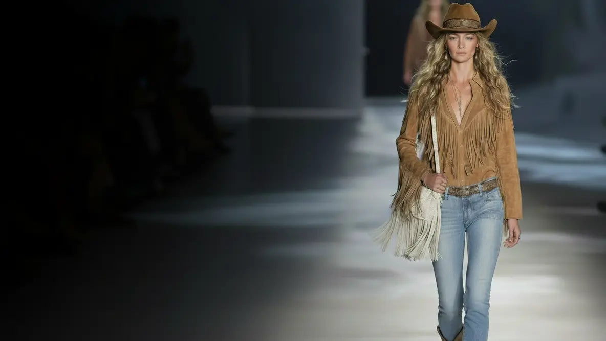 Model walking on a runway wearing a brown fringe jacket, jeans, and a cowboy hat.