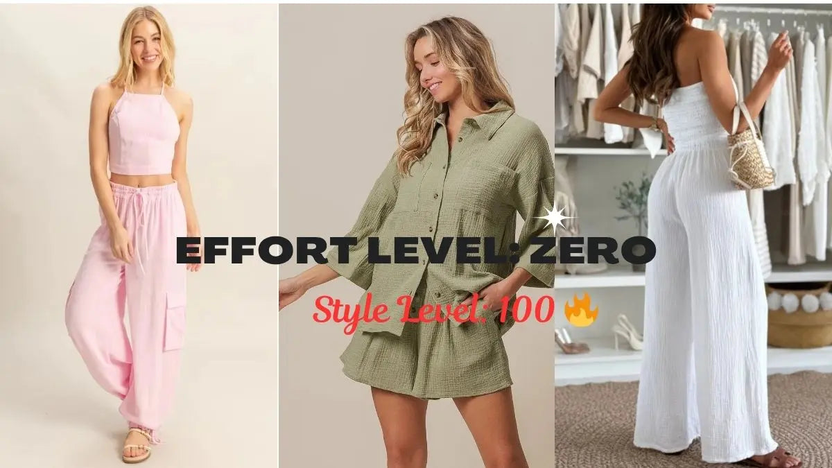 Three women in different outfits with text 'Effort Level Zero' and 'Style Level 100'.