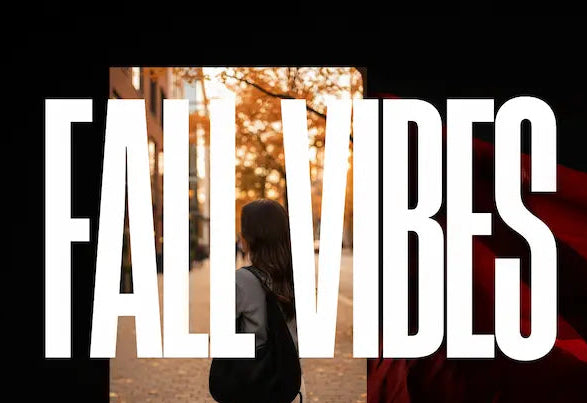 Person walking with 'Fall Vibes' text overlay on a blurred autumn background.