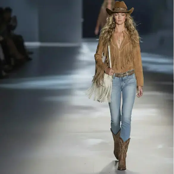 Model walking on a runway wearing a brown fringe jacket, light blue jeans, and cowboy boots.