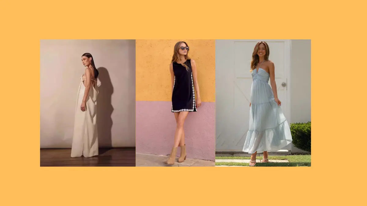 Three women wearing different dresses against various backdrops.