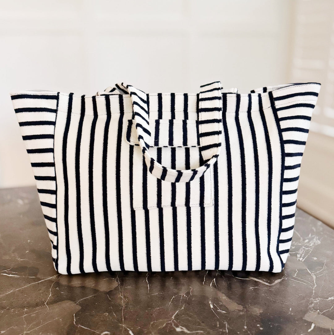 Ellison and Young Vacay Jumbo Terry Cloth Carryall Striped Beach Bag - Trendy Accessories in Navy for Women | The802Gypsy