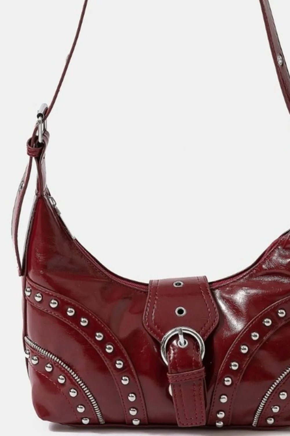 Fame Faux Leather Studded Trim Shoulder Bag Accessories with Red One Size by The802Gypsy.