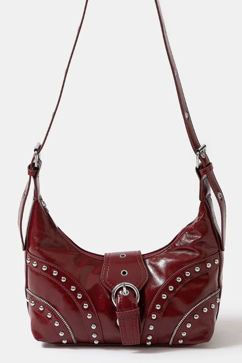 Fame Faux Leather Studded Trim Shoulder Bag Accessories with Red One Size by The802Gypsy.