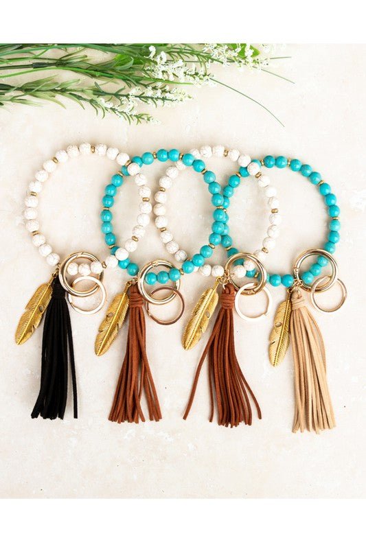 Boho Stone Key Ring Bracelet Wristlet - Trendy Accessories/Bracelet in Cream Stone - Black Tassel for Women | The802Gypsy