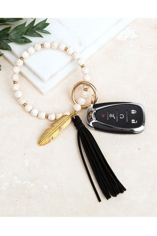 Boho Stone Key Ring Bracelet Wristlet - Trendy Accessories/Bracelet in Cream Stone - Black Tassel for Women | The802Gypsy