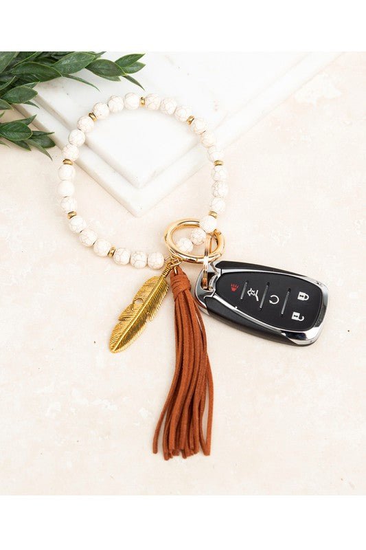 Boho Stone Key Ring Bracelet Wristlet - Trendy Accessories/Bracelet in Cream Stone - Cognac Tassel for Women | The802Gypsy