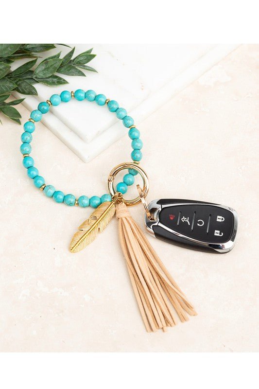 Boho Stone Key Ring Bracelet Wristlet - Trendy Accessories/Bracelet in Turquoise Stone - Biege Tassel for Women | The802Gypsy