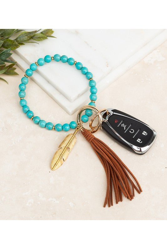 Boho Stone Key Ring Bracelet Wristlet - Trendy Accessories/Bracelet in Turquoise Stone - Cognac Tassel for Women | The802Gypsy