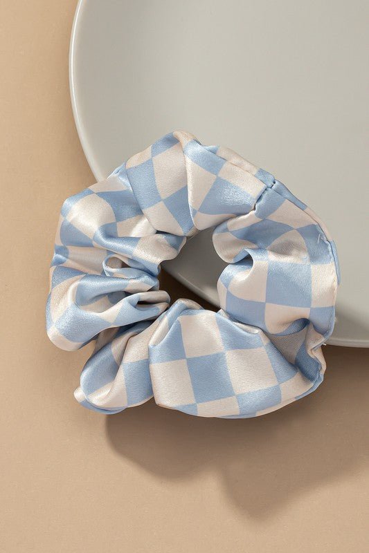 Satin Hair Scrunchies Set | Check Pattern - Trendy Accessories/Hair Ties in Blue for Women | The802Gypsy