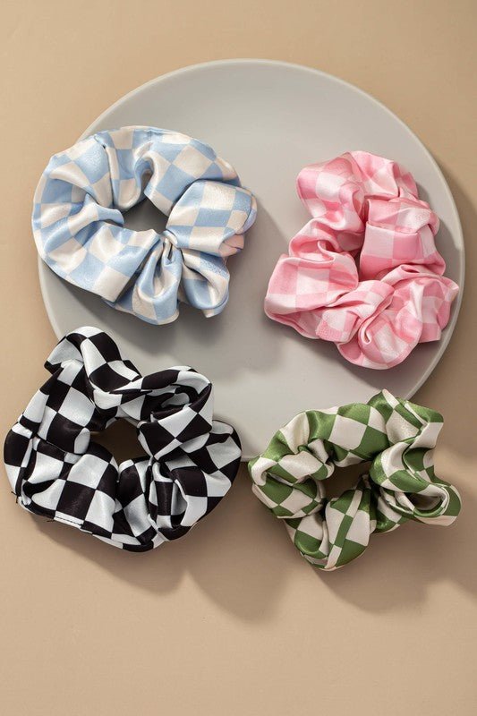 Satin Hair Scrunchies Set | Check Pattern - Trendy Accessories/Hair Ties in Blue for Women | The802Gypsy