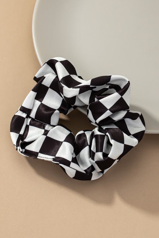 Satin Hair Scrunchies Set | Check Pattern - Trendy Accessories/Hair Ties in large checker black and white for Women | The802Gypsy
