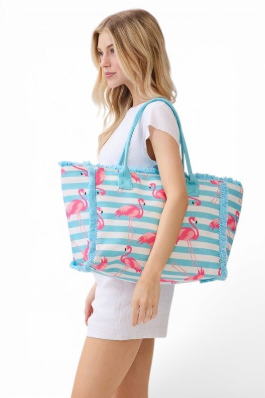 Flamingo Stripe Fringe Canvas Tote Bag - Trendy Accessories/Handbags in Blue for Women | The802Gypsy