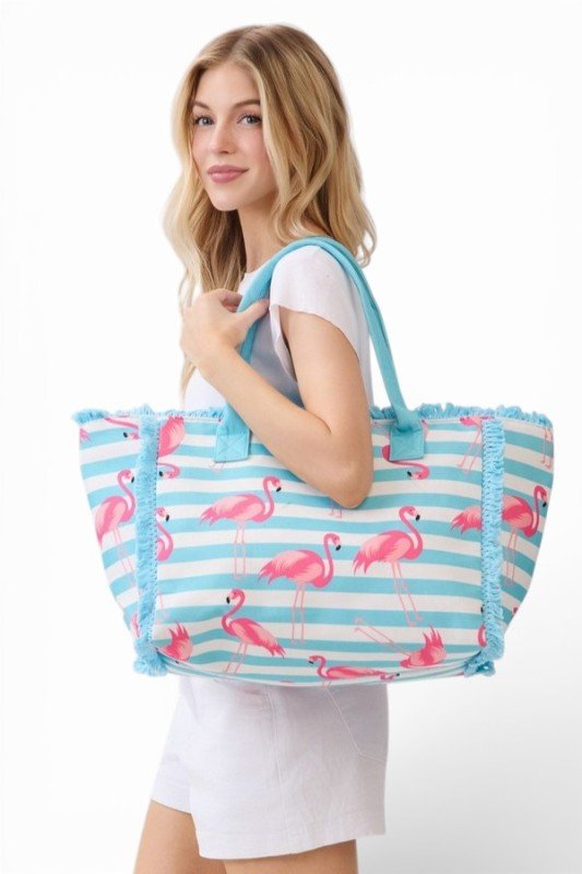 Flamingo Stripe Fringe Canvas Tote Bag - Trendy Accessories/Handbags in Blue for Women | The802Gypsy