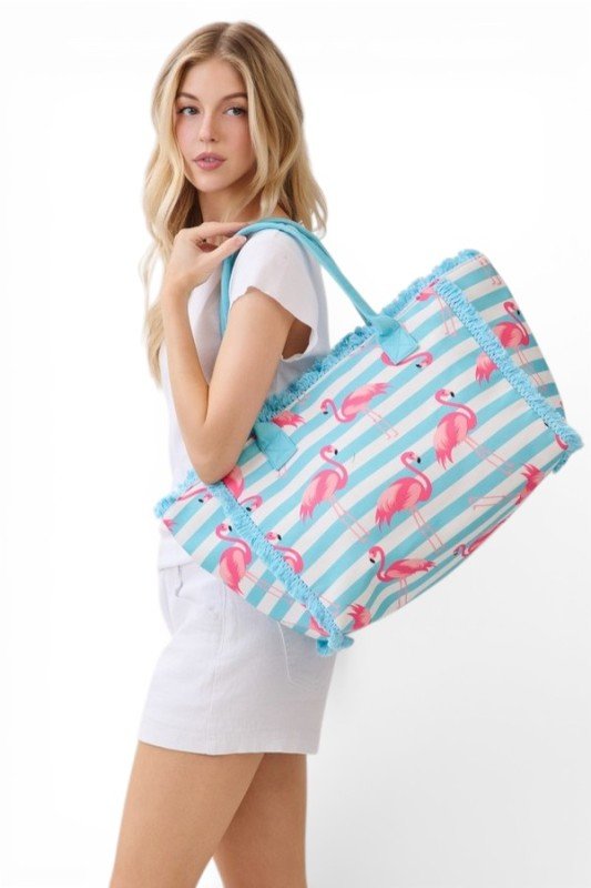 Flamingo Stripe Fringe Canvas Tote Bag - Trendy Accessories/Handbags in Blue for Women | The802Gypsy