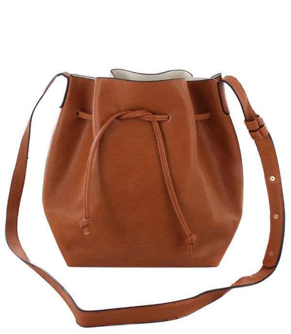 Faux Leather & Suede Drawstring Crossbody Bucket Bag - Trendy Accessories/Handbags in BROWN/LTIV for Women | The802Gypsy