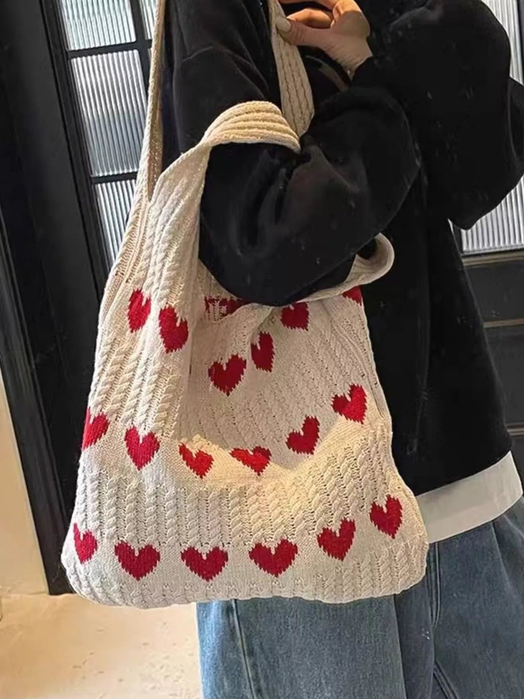 Heart pattern knitted handbag - Trendy Accessories/Handbags in Cream for Women | The802Gypsy