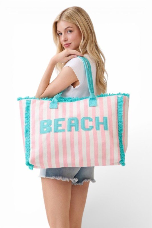 Beach Frayed Stripy Terry Cloth Tote - Trendy Accessories/Handbags in Pink for Women | The802Gypsy