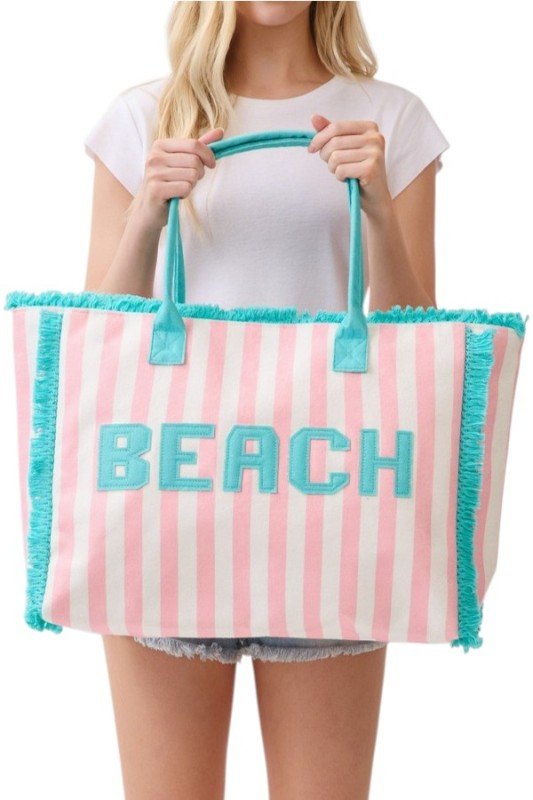 Beach Frayed Stripy Terry Cloth Tote - Trendy Accessories/Handbags in Pink for Women | The802Gypsy