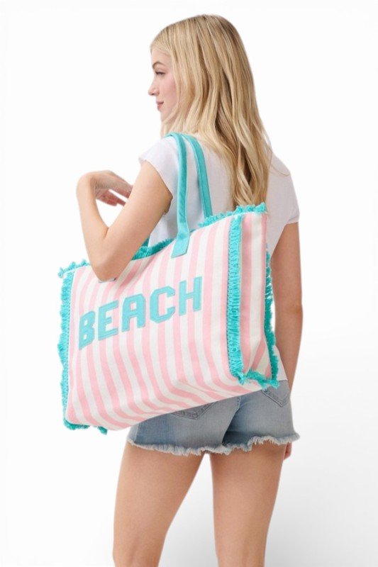 Beach Frayed Stripy Terry Cloth Tote - Trendy Accessories/Handbags in Pink for Women | The802Gypsy
