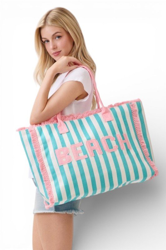 Beach Frayed Stripy Terry Cloth Tote - Trendy Accessories/Handbags in Teal for Women | The802Gypsy