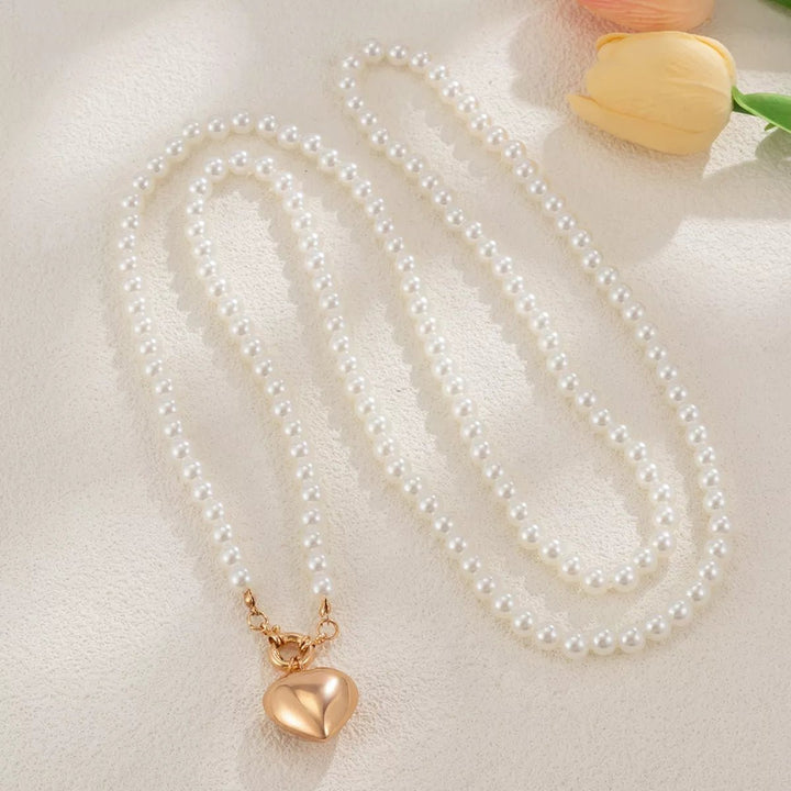 Pearl Chain Heart Necklace 18K Gold - Plated 1 - Piece - Trendy Accessories/Necklaces in Gold for Women | The802Gypsy